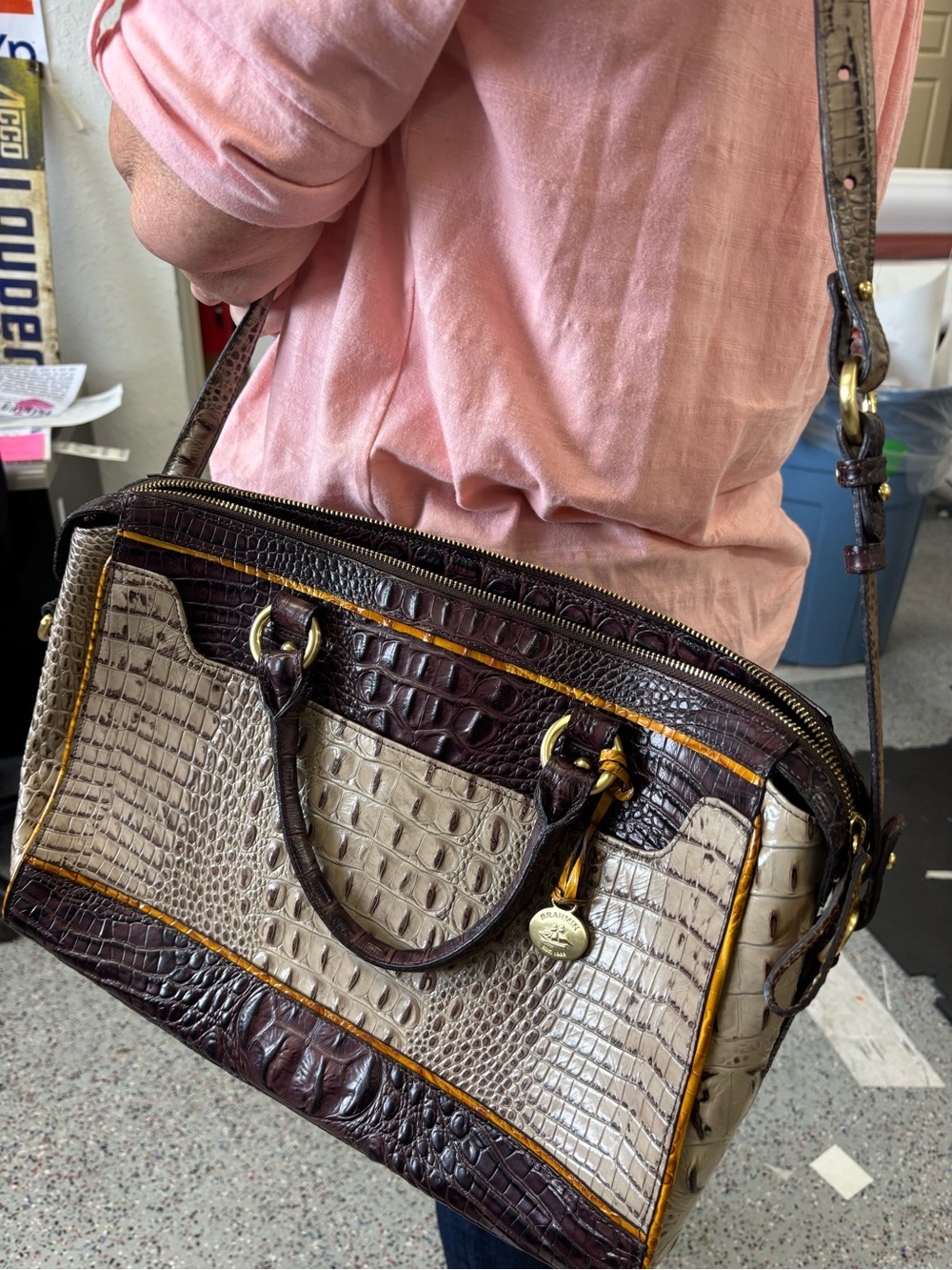 Brahmin Croc-Embossed Satchel in Beige and Dark Brown with Yellow Trim - Picture 15 of 16